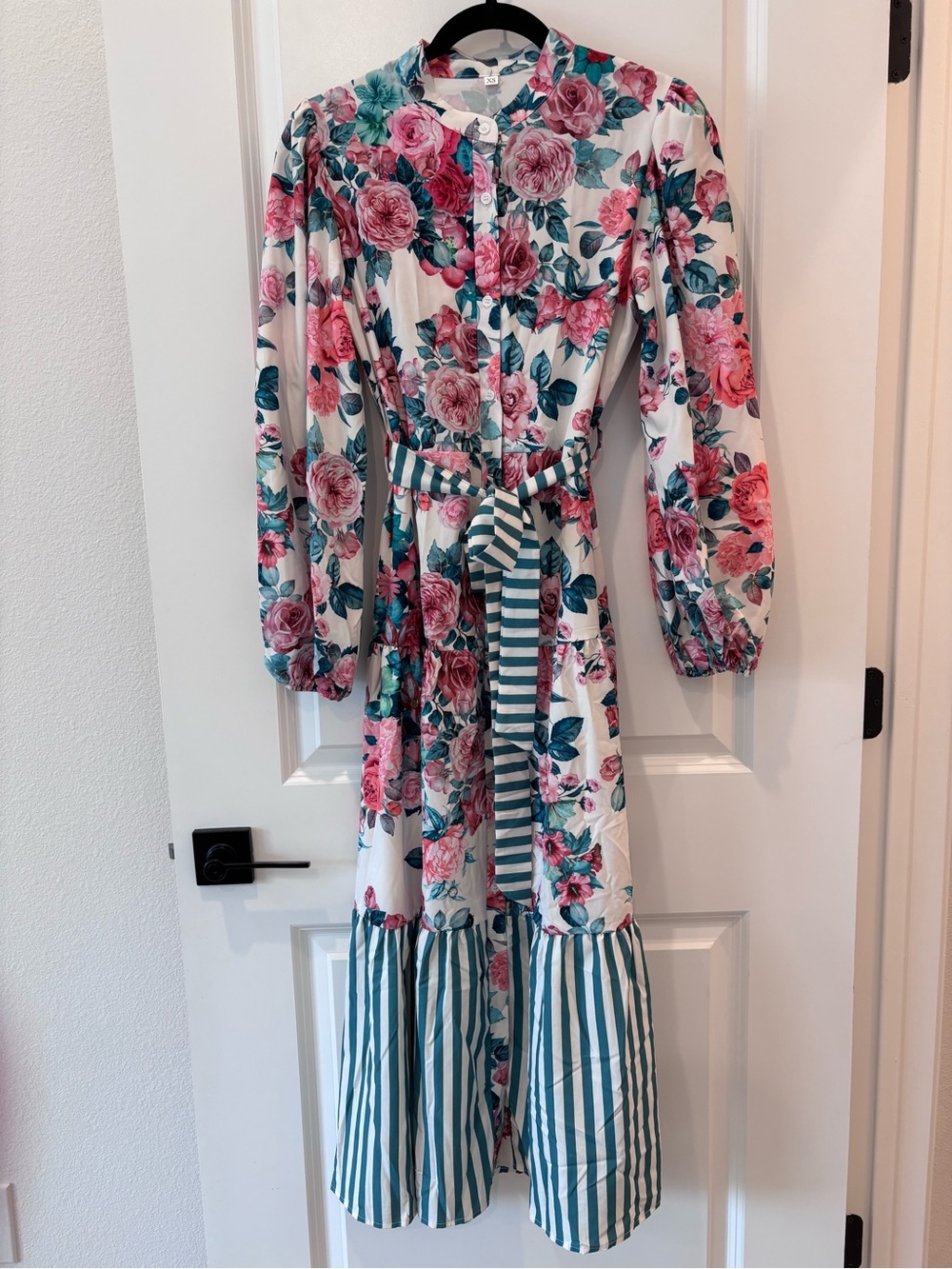 SHEIN Pink & Green Floral Button-Front Long Sleeve Midi Dress